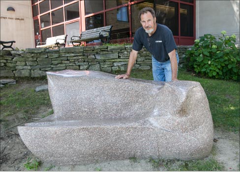 This granite bench installed at the Patten Free Library was carved from Jonesboro Pink, quarried in Jonesboro, Maine by J.C. Stone, in Jefferson, Maine. “Jonesboro Pink is the hardest stone I know of and holds a polish very well,” said von Huene.