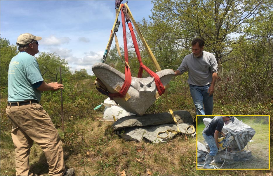 Andreas von Huene and colleague Dan Ucci (at left) installing Owl Rising at Laudholm Farm in Wells, Maine. Photo by Carolyn Broad. Inset: Roughing in Owl Rising with a chop saw.