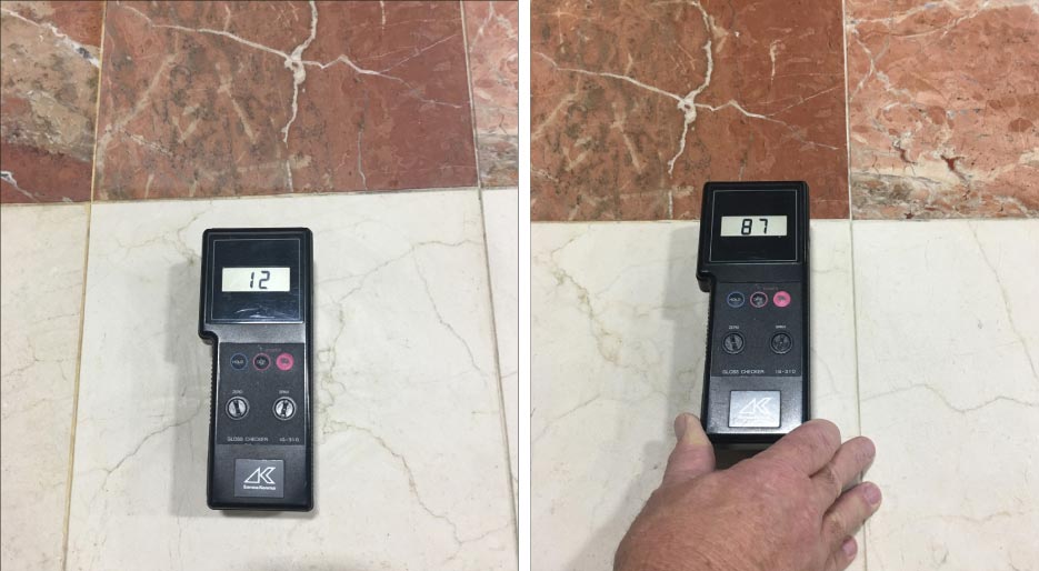 Before and after photos of gloss meter levels are a good way to demonstrate the effectiveness of your restoration polish. Be be sure to show the client the before and after numbers. This is a quantifiable way to show your work, and is not as subjective as just the visual appearance.