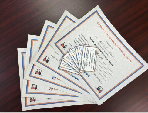 Safety Keepers provides company-specific forklift training completion certificates and license cards, good for three years. 