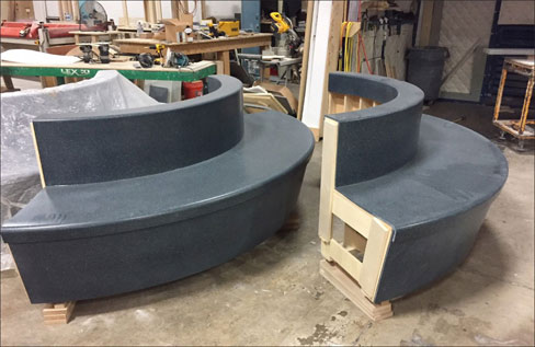 Thermoformed Corian benches fabricated for the newly remodeled Rochester International Airport.