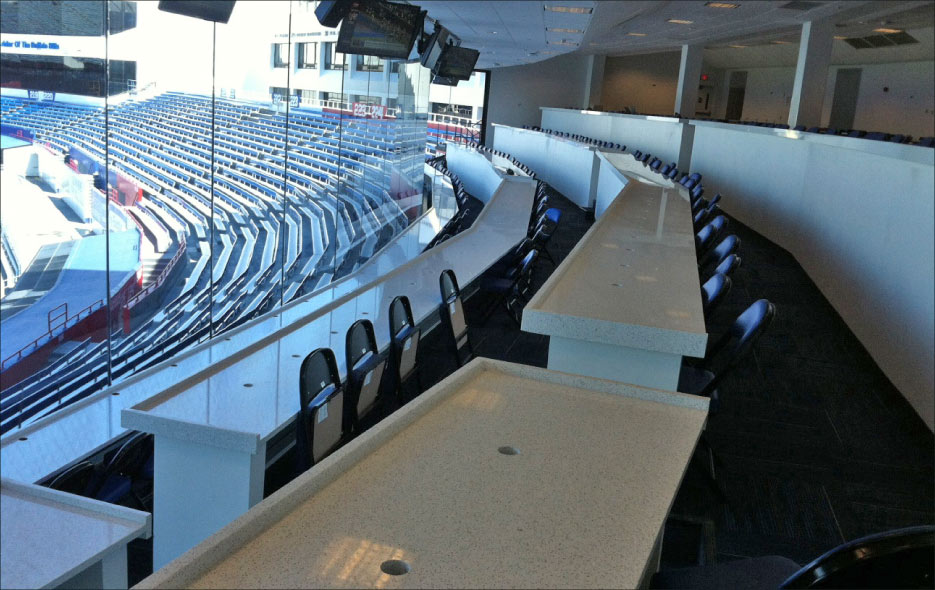 Commercial project for New Era Field, home of the Buffalo Bills, includes hard-wearing quartz tops for the sport commentator area and private boxes.