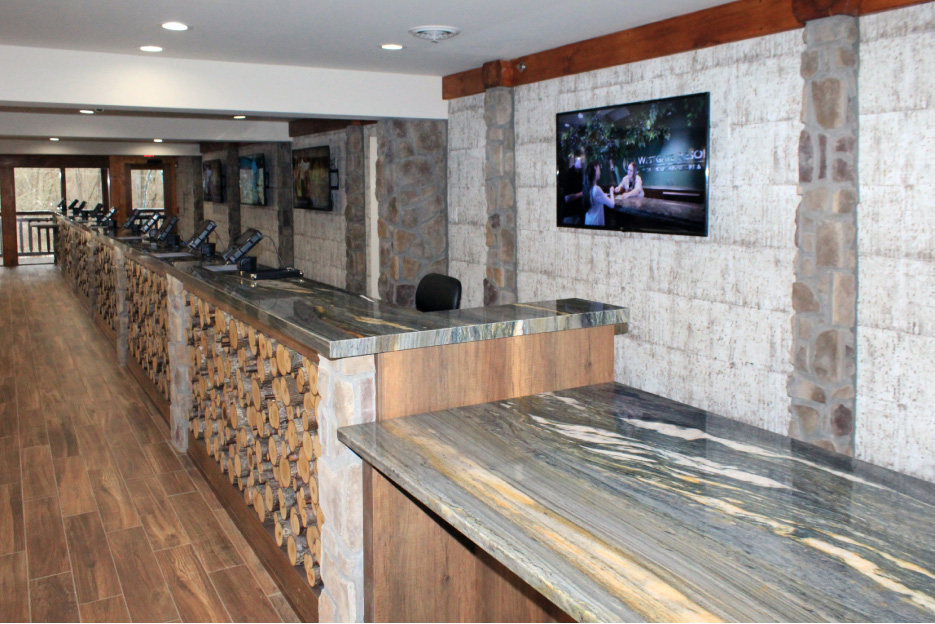 Check-in desk at Westgate Resort features stunning samples of Santorini Quartzite.