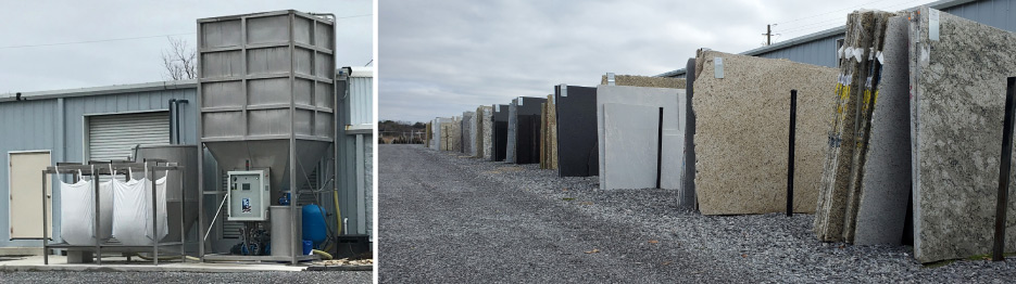 Emco-Williams recycles about 95% of its wet fabrication water with a Turrini water filtration system, which can provide 169 gallons/minute to their CNCs, saws, and wet polishing machinery. Their exterior slabyard stocks approximately 200 slabs of premium stone and also select stone remnants.