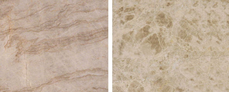 Left: Taj Mahal Quartzite. Right: Emperador Light marble. Although they look similar, these two stones have different mineral compositions and hardness.