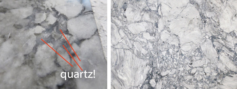 Super White is dolomitic marble —  which means it has some quartz mixed in, but it still etches and stains like marble.