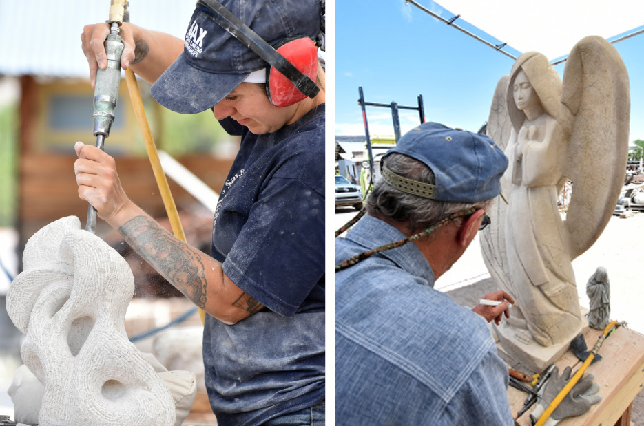 Above, left: Jessi Cole carves with a pneumatic tool on her free-form sculpture at the 2019 Sax Stone Work Above, right: Patrick Halloran working on his angel, an advanced project that extended over the course of several classes.