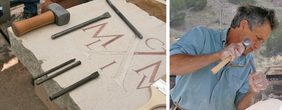 Mark Saxe and Petro Hul will demonstrate chiseled letter carving techniques at the first 2020 Stone Workshop session. Inset: Mark Saxe