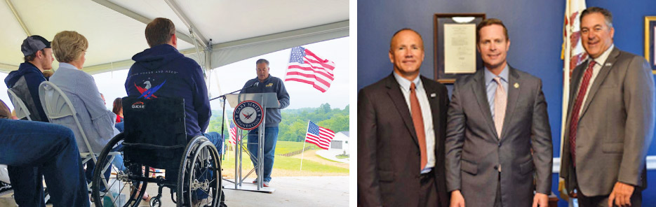 Above, left: The Gary Sinise R.I.S.E. program is one of Osterhout’s big volunteer endeavors. His company (Northern Stone Supply)has donated stone and materials to several R.I.S.E. projects.  Above, right: Greg Osterhout, at far right