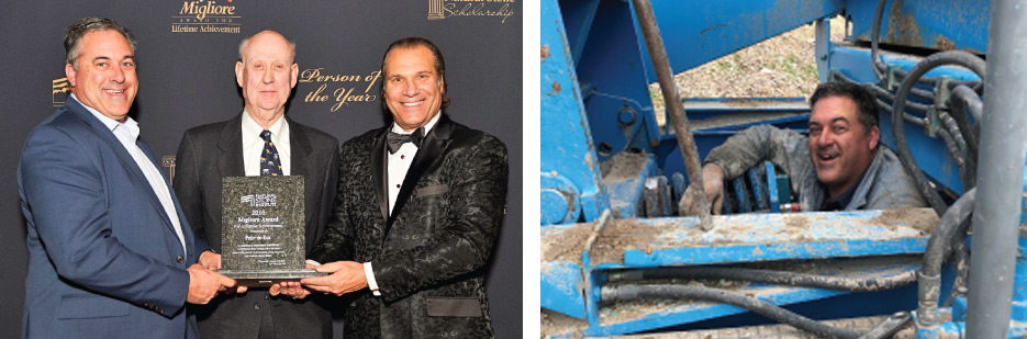 Above, left: Greg Osterhout and Tony Malisani present Peter de Kok with the 2018 Migliore Award for Lifetime Achievement.  Above, right: Greg Osterhout, Northern Stone Supply,  is accustomed to keeping things running – from an active quarry standpoint, and at the national organization level.