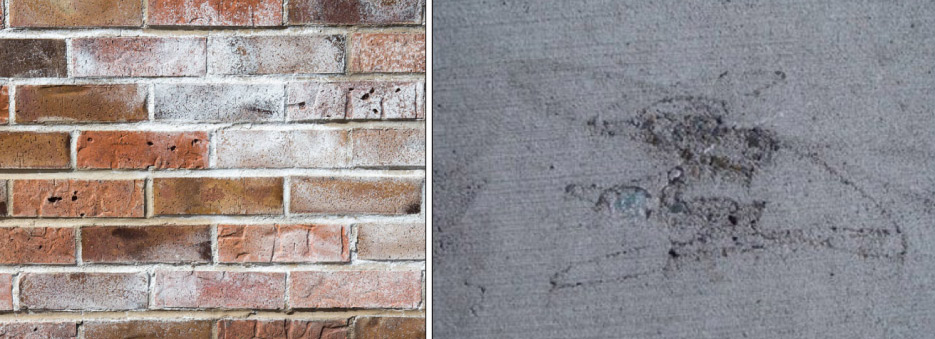 Above, left: Efflorescence in masonry shows as white salts leaching to the surface. Ab ove, right: Visible scars from a no-tip pressure washer can carved into the surface