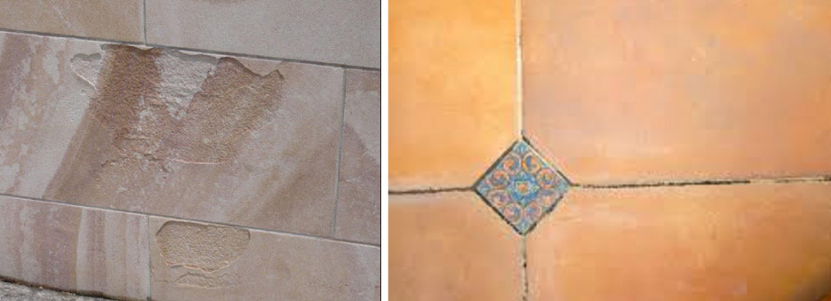 Above, left: Chemical damage as a result of improper use of chemicals Above, right: Missing Grout