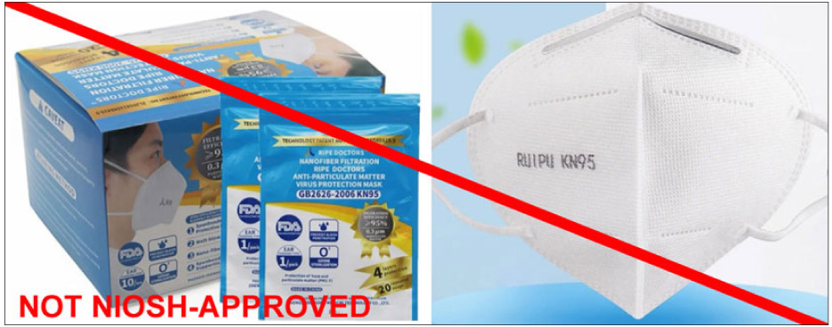 Examples from the CDC.gov website cover several examples of foreign-made masks. Some may be advertised as meeting a “KN95” standard, substandard to the strict N95 NIOSH filtration standards. False claims of being NIOSH-approved are a separate but serious problem from the counterfeit 3M masks or approved masks. 