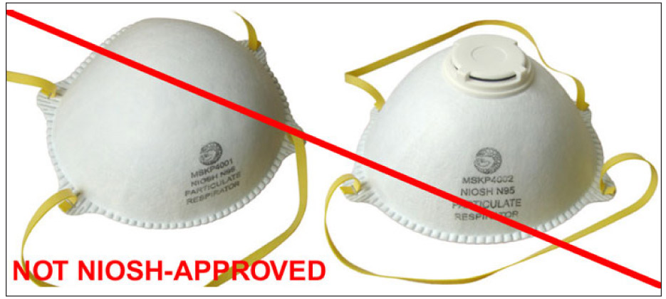 Examples from the CDC.gov website cover several examples of foreign-made masks. Some may be advertised as meeting a “KN95” standard, substandard to the strict N95 NIOSH filtration standards. False claims of being NIOSH-approved are a separate but serious problem from the counterfeit 3M masks or approved masks. 