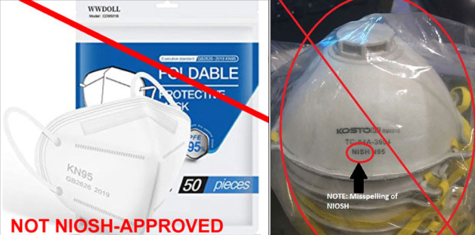 Examples from the CDC.gov website cover several examples of foreign-made masks. Some may be advertised as meeting a “KN95” standard, substandard to the strict N95 NIOSH filtration standards. False claims of being NIOSH-approved are a separate but serious problem from the counterfeit 3M masks or approved masks. 