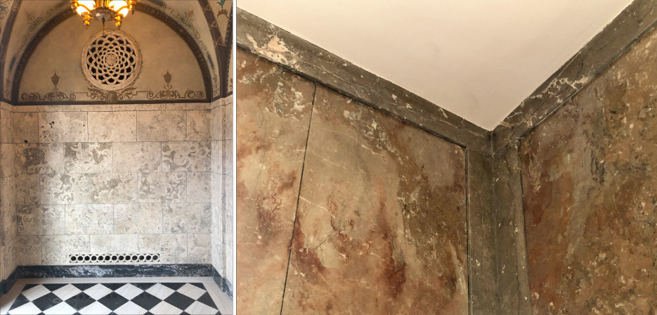 Above, left: Candoro entry hall with travertine walls, frescoes on stucco ceiling, and black and light marble floors all restored. Above, right: The repaired front office corners and walls, which had sustained cracking and separation issues due to water leakage under the foundation.