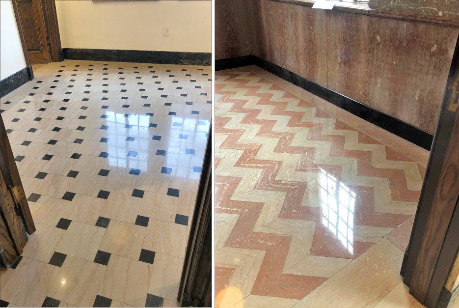 Restored front office walls and marble floor featuring yet another intricate, distinctive pattern.