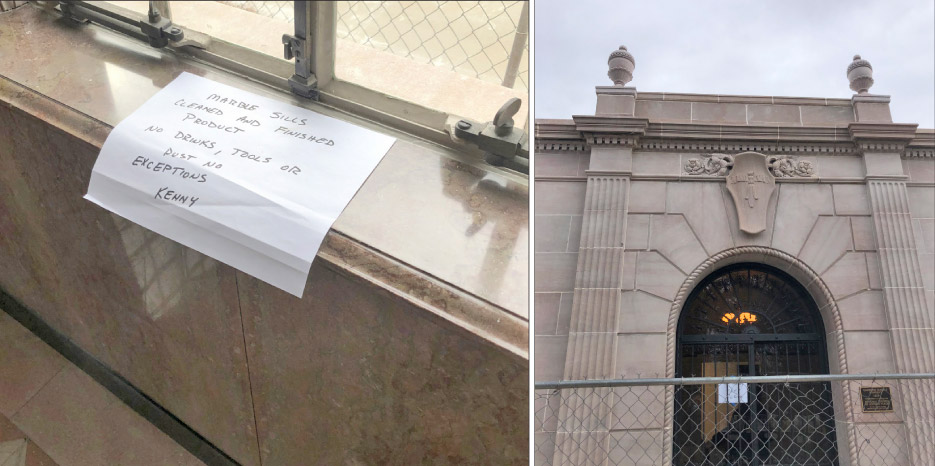 Above, left: Sign posted by GC, after window sills were completed. Note the decorative sill edge. Above. right: Front entrance. Albert Milani, a master sculptor from Carrara, Italy, carved the exterior ornamentation of the building.