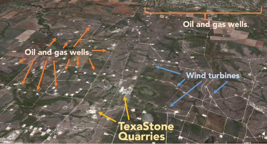 Wind turbines stand tall on the horizon, with the TexaStone processing and fabrication facility situated between a wind turbine farm, and oil and gas wells tapping deep into the limestone and shale geology of the Central Texas plains.