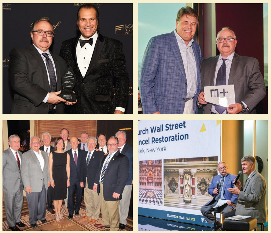 Highlights from Brett Rugo’s career, clockwise from top left: Rugo receives one of two 2018 Pinnacle Awards of Excellence for Rugo Stone, from David Carnevale;  Bob Zavagno, 2020 NSI Board President, presents Rugo with the 2020 Grande Pinnacle; Rugo and Jim Hieb at Marmomac; Marble Institute Board.