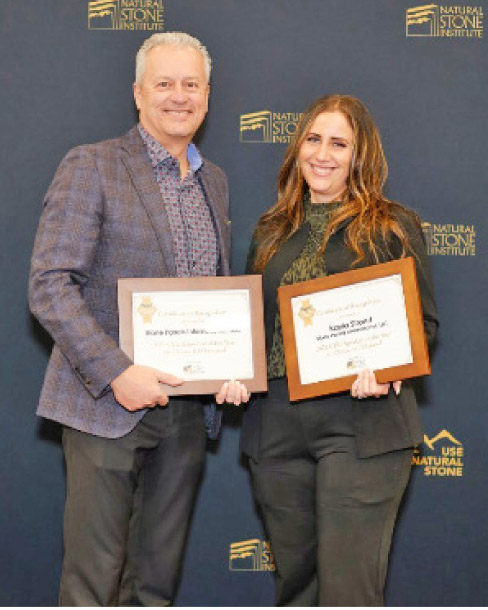 NSI President Michael Picco presents the 2021 CEU Educator of the Year award to Kayla Keenan, Stone Panels.