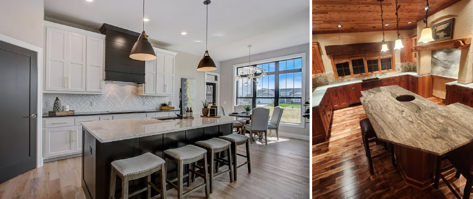 White Moon Sensa Granite island. Kitchen fabricated and installed for AMC’s client, Premier Builders. AMC Countertops offers a variety of materials, including marble, Silestone, Cambria, Q Quartz and Dekton. Inset: Fantasy Brown leathered marble kitchen.