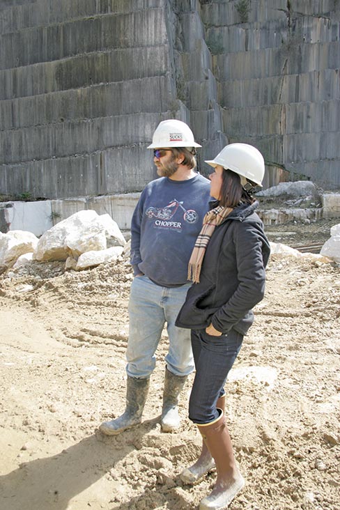 Monica Gawet and foreman Steve Kerr discuss the blocks being produced at the reopened Granox quarry.