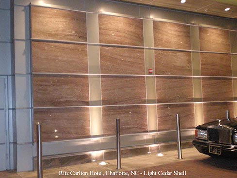 Completed in 2010, interior and exterior projects for the Ritz Carlton, Charlotte, N.C.  feature flooring stone using Light Rose Tennessee marble laid in a diamond matched pattern, with a Cedar border. Exterior uses a Veined Cedar with a honed finish. 