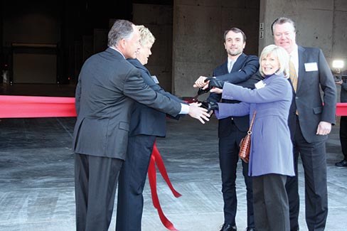 From right, State Rep. Jimmy Matlock, R-Lenoir City, Loudon County Mayor Estelle Herron,  Del Conca USA President Paolo Mularoni, City of Loudon Mayor Judy Keller, and Allen Borden, assistant commissioner of Business Development for the State of Tennessee’s Department of Economic and Community Development officially opened the 50 million dollar facility with a ribbon-cutting ceremony attended by some 300 guests from across the country, including customers, consultants, vendors, members of the media, and representatives from state and local government. As it expands operations during the next 5 years, the company is expected to employ 170 people.