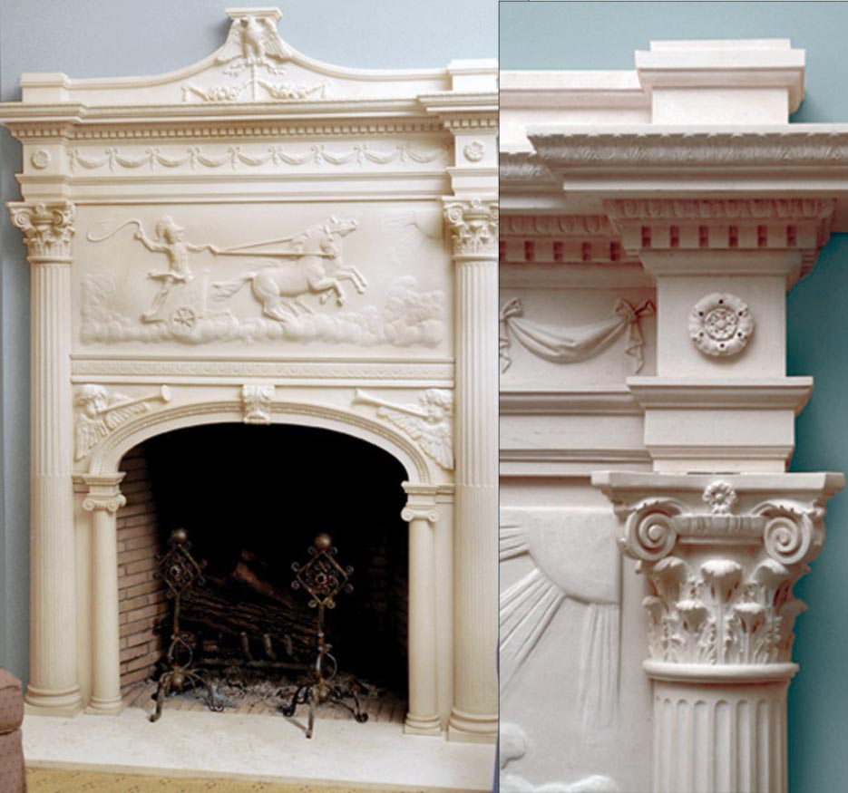 Sinclair considers this Phaeton Fireplace Mantel one of his finest fireplace surrounds to date. It is carved from perfect blocks of ultra-fine, pure white, natural limestone especially imported from Europe for its excellent carving characteristics.