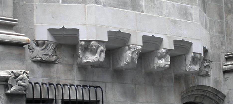 These carved limestone Gothic corbels and arches can be seen on 53rd St. in New York City, NY, and were produced for one of America’s most notable Gothic revival churches. DMS Studios was commissioned to supply both the plans and stone carving for this historic site.