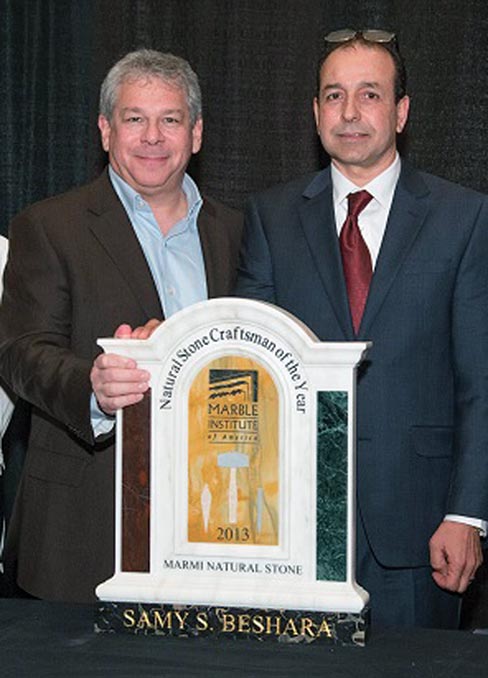 (L to R) 2013 MIA President Jonathan Zanger presents the Natural Stone Craftsman of the Year Award to Samy Beshara.