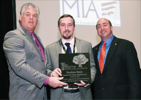 2015 MIA President Dan Rea (L) of Coldspring, sponsor of the 2014 Scholarship Award and 2014 MIA President Tony Malisani (R) of Malisani, Inc. presenting the 2014 MIA Natural Stone Scholarship Award to Stephen Beck of Connecticut Stone Supplies, Inc. in Milford, Ct.