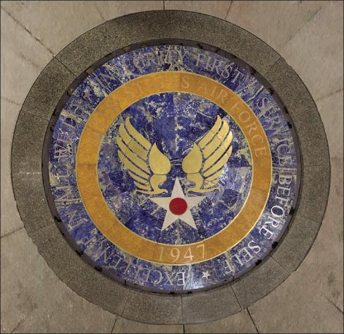 Sodalite Blue marble was used to accent this floor medallion in the Lackland AFB Airman Training Complex. 