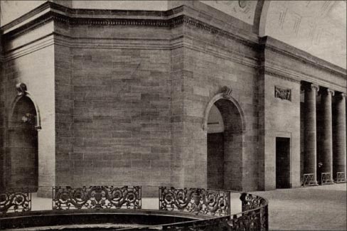 Marble Work in Rotunda of Missouri State Capital at Jefferson City This archive photo shows the state stairwell and the east rotunda wall. The detailed carving seen elsewhere can be seen over the doorway. The work is entirely done in Napoleon Grey marble.