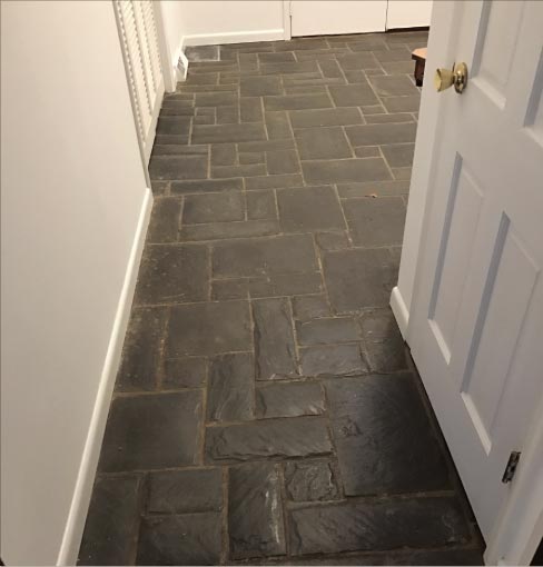 This slate foyer was showing its age, but it should be no problem to restore, right? It’s an easy job, and I’d be helping out an old friend. How many times have I said the first step is “do a test area” ?