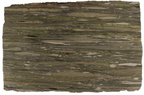 Waterfall Green is one exotic, spectacular stone that clearly reveals its geologic past. This full slab shows how much the  embedded quartzite pebbles have been stretched.