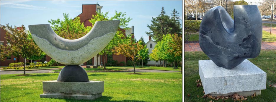 Above Left:  A New Dawn Created by artist  Johnny Turner of New Zealand, A New Dawn is one of three sculptures on campus carved during the 2012 Scoodic Symposium. Maine granite affixed to a basalt oval on a granite base.  Above Right: Rhino Artist: Hugh Lassen, Maine A gift to the Buchanan Alumni House from Hugh and Jenny Lassen as part of the Littlefield Gallery Sculptor-in-Residence Program, Rhino was created from granite excavated from the Lassens’ blueberry field.