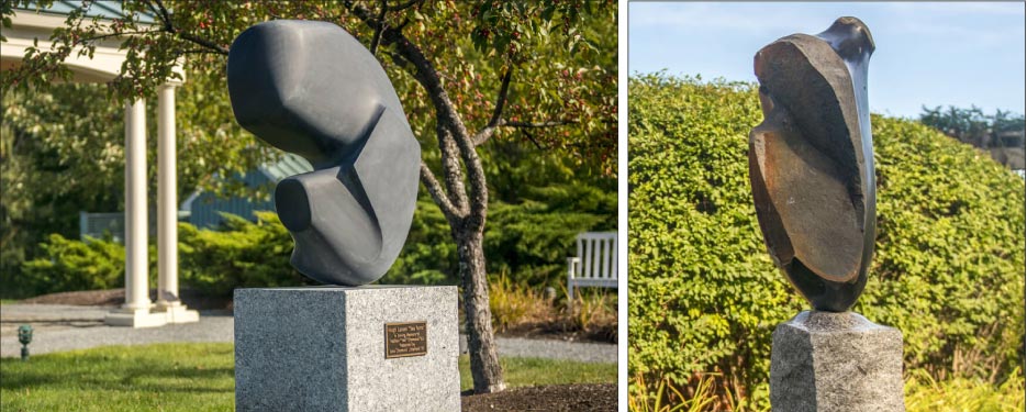 Above Left: Sea Form Artist: Hugh Lassen. Carved from polished Monson Slate, Sea Form reflects the artist’s desire to “create vital, life-enhancing forms.” Sea Form is one of four sculptures donated to the Buchanan Alumni House in honor of Nathaniel “Nat” Diamond, who — at age 43 — graduated from UMaine (’63).    Above Right: Inanna Artist: Mark Herrington, Maine Mark Herrington speaks of the stones he works with as being “a gift of geological time.”  Herrington was the first artist in UMaine’s Artist-in-Residence Program sponsored by Winter Harbor’s Littlefield Gallery.