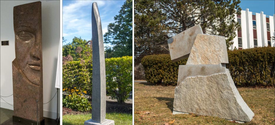 Above Left: MINA Artist: Andreas von Huene, Maine Created as a tall, freestanding stele, MINA is sculpted from red-hued granite. von Huene’s polished work with its dramatic presence is modeled on the countenance of a teenage niece. Well known for having pieces in both private collections and public spaces, von Huene, with a background that includes engineering, often pushes the boundaries of how sculptures are positioned in space.   Above,, Middle: Pylon Artist: Don Justin Meserve, Maine Pylon was created by the late Don Justin Meserve, known as a mentor to a younger generation of Maine sculptors. Meserve worked primarily in granite and basalt. Pylon is a striking example of his smaller granite pieces and suggestive of massive stone pylons found around the world.    Above, Right: Tec.ton.ic Artist: Mark Herrington, Maine Installed in 2015, Tec.ton.ic is the first piece created during UMaine’s Littlefield Gallery Sculptor-in-Residence Series. Upon completion, 80 photos of this granite sculpture were taken and — using photogrammetry — 3-D models printed by the university’s Innovative Media Research and Commercialization Center (IMRC). Ultimately these models will allow Herrington’s design to be used in glass, aluminum and bronze castings. 