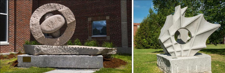 Above, Left: The Wheel Artist: Jesse Salisbury, Maine Internationally recognized sculptor Jesse Salisbury is based in Down East Maine, and is well known as the founder of the Schoodic International Sculpture Symposium. Over a number of years, the symposium has resulted in a public collection of 34 sculptures in eastern Maine. The Wheel is one of two outdoor sculptures funded by the Percent for Art Program. The Wheel is one of three sculptures from the 2012 Schoodic International Sculpture Symposium, held at UMaine.   Above, Right: Metamorphosis Artist: Lee Zih-Cing, Taiwan In the artist’s words, she wanted to express “the love of life through the metamorphosis of a butterfly.” Because of the granite’s grain and color, as well as the sculpture’s location, Metamorphosis takes on different shadows and lines at various times of the day and presents itself differently according to season. Metamorphosis was created during the 2012 Schoodic International Sculpture Sy