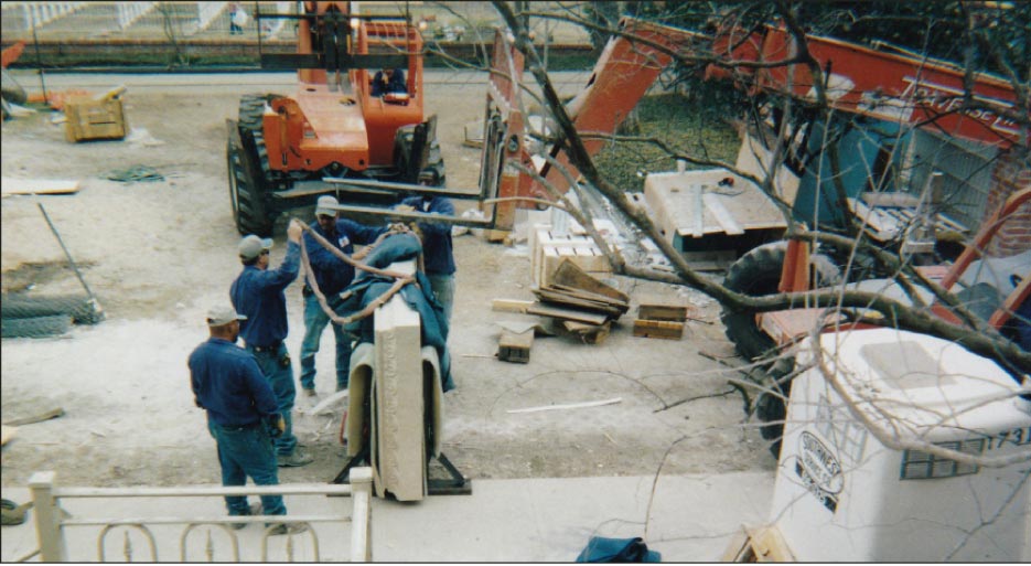 Step 6: When we got the piece uncrated we realized that brackets were needed to keep the stone vertical after release from the SKYTRAK. The metal brackets were fabricated / welded on site with channel iron, and took several hours.