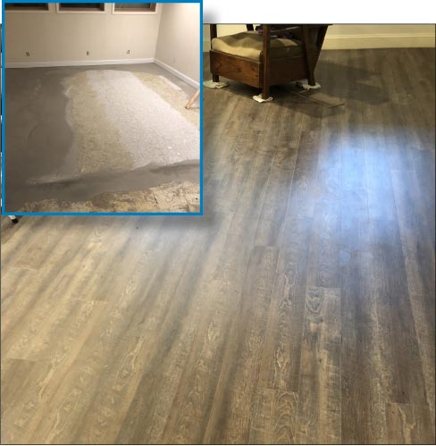 Inset: A self-leveling compound was used to smooth a dip between two concrete sub-flooring slabs.   We chose to install wood grain snap-lock planks, but the final surface material could just as easily be ceramic tile or another other hard surface. With thorough surface prep, the only limitation is your client’s budget!