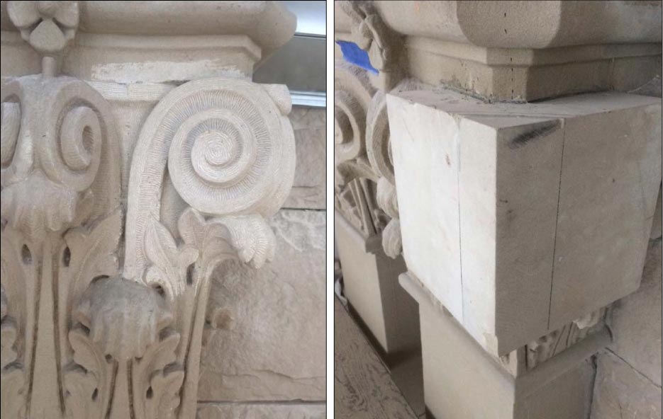 A dutchman block in place; And a restored, hand-carved capital.