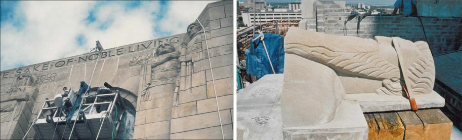 This restoration job included repairs on the tower, cleaning the façade, removal and repair of sections of the large Art Deco figures adorning the structure, and more.