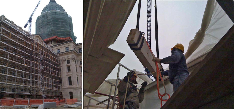 Hoisting a large limestone dutchman into place. “There were over 5,700 dutchman, some as big as a car,” said Scott Evett, vice president of Mark 1 Restoration.