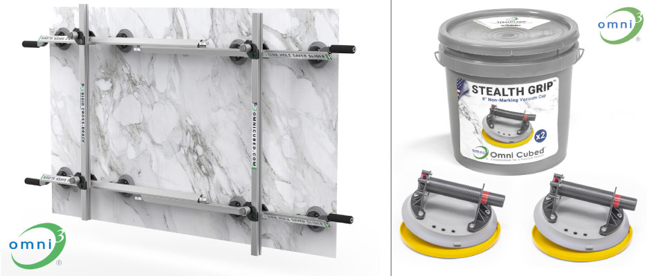 Rigid Cross-Brace Kit and Horizontal Lifting Handles installed on Sink Hole SaverTM Slider. The Rigid Cross Brace Kit includes two 4-foot strengthening bars.  Omni Cubed has developed a non-marking synthetic rubber vaccum cup, an alternative to black rubber vacuum cups.