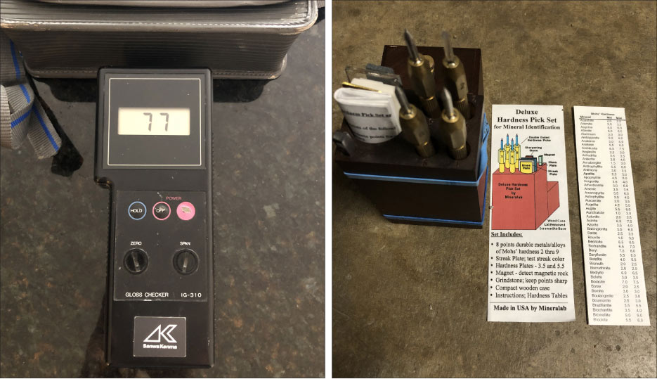 Above, Left: My Gloss Meter is especially useful when I consult on a project where a polish or higher hone is present. This instrument gives both you and the customer a reference point and goal for the project.  Above, Right: My Deluxe Hardness Tester set includes picks at various harnesses, mainly for testing minerals in concrete. Concrete hardness depends on what type of rock went into the matrix – and will affect how it polishes.