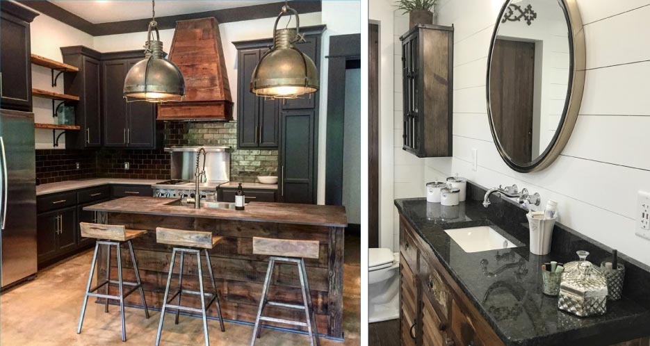 Above, Left: This rustic, industrial-look kitchen features Dekton Trilium on the island and Caesarstone Raw Concrete countertops.   Above, Right: Coffee Brown Granite vanity with a chiseled edge graces a master bath.