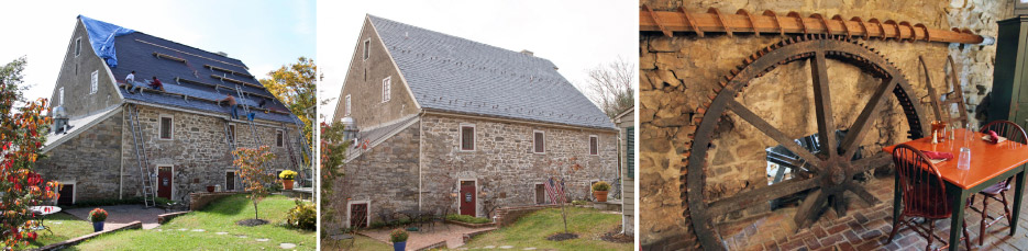 Above and Below: Designed by Christian Christianson (the designer of the Bethlehem Pennsylvania waterworks) and constructed in 1770 by master mason Philip Maixel and carpenter Joseph Grotz, the grist mill was the first of many structures to be made from locally quarried rough-cut limestone. This renovated structure (below, adding a new slate roof) was made into a bed and breakfast in 1986 and is currently The Inn at Millrace Pond. Records show that the mill provided flour to General George Washington’s Continental army, while based at nearby Jockey Hollow, New Jersey. Bottom Right: Water entered in the back to power the 10 RPM paddle wheel, and drive the mechanism and grinding stones. The massive gear passes through the wall in the second floor bar and dining room. 